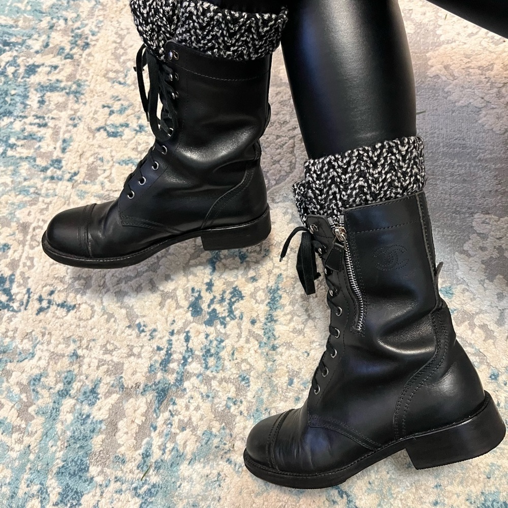 Chanel black leather combat boots with sock detail